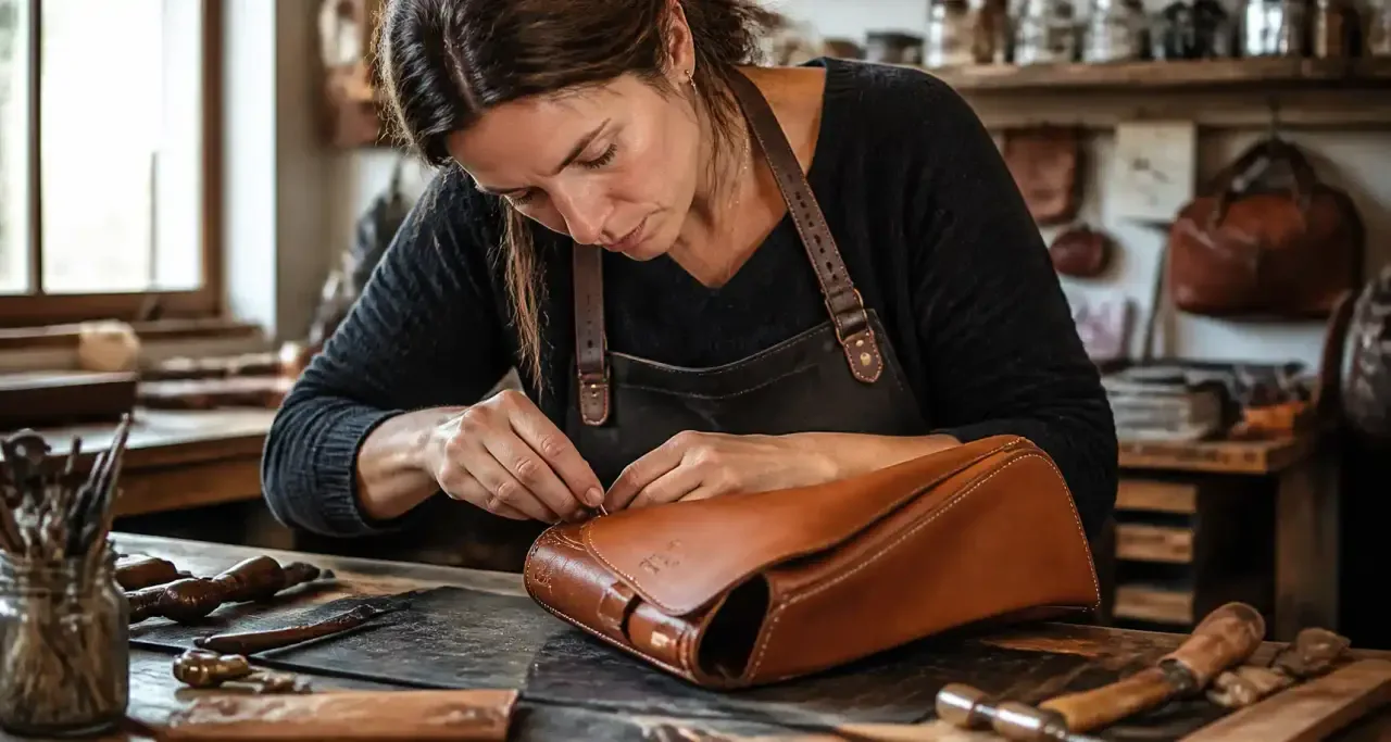 Artisane française fabriquant un sac en cuir végétal
