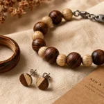 Bijoux en bois : bague et bracelet sur table, essences et prix à comparer