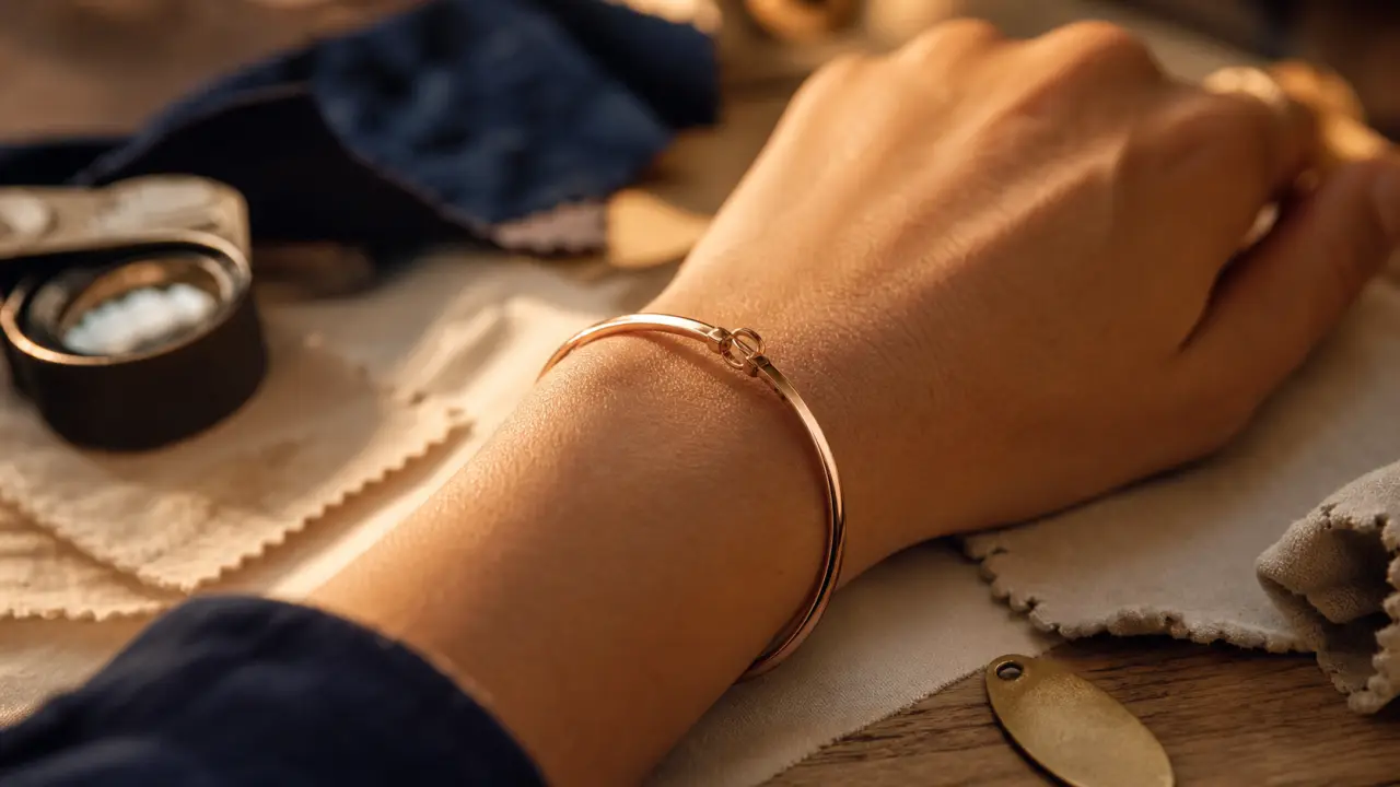 Bracelet rose or en or rose, gros plan sur poignet