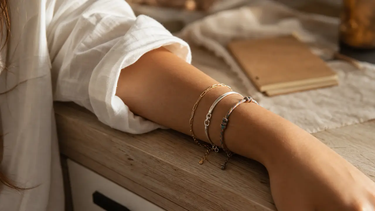 Bracelets femme : jonc, chaîne et manchette sur poignet féminin