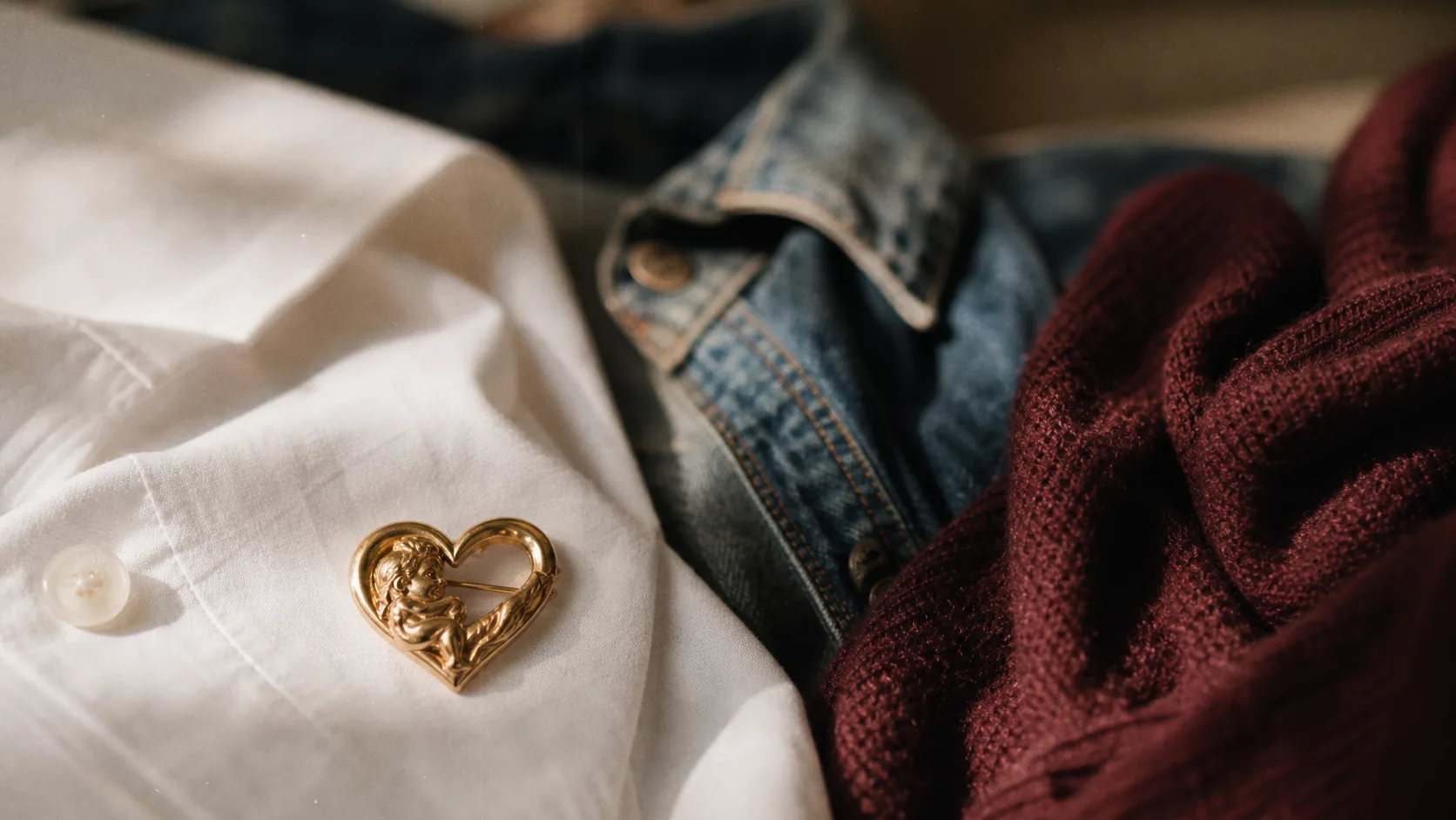 Broche coeur dorée sur chemise blanche