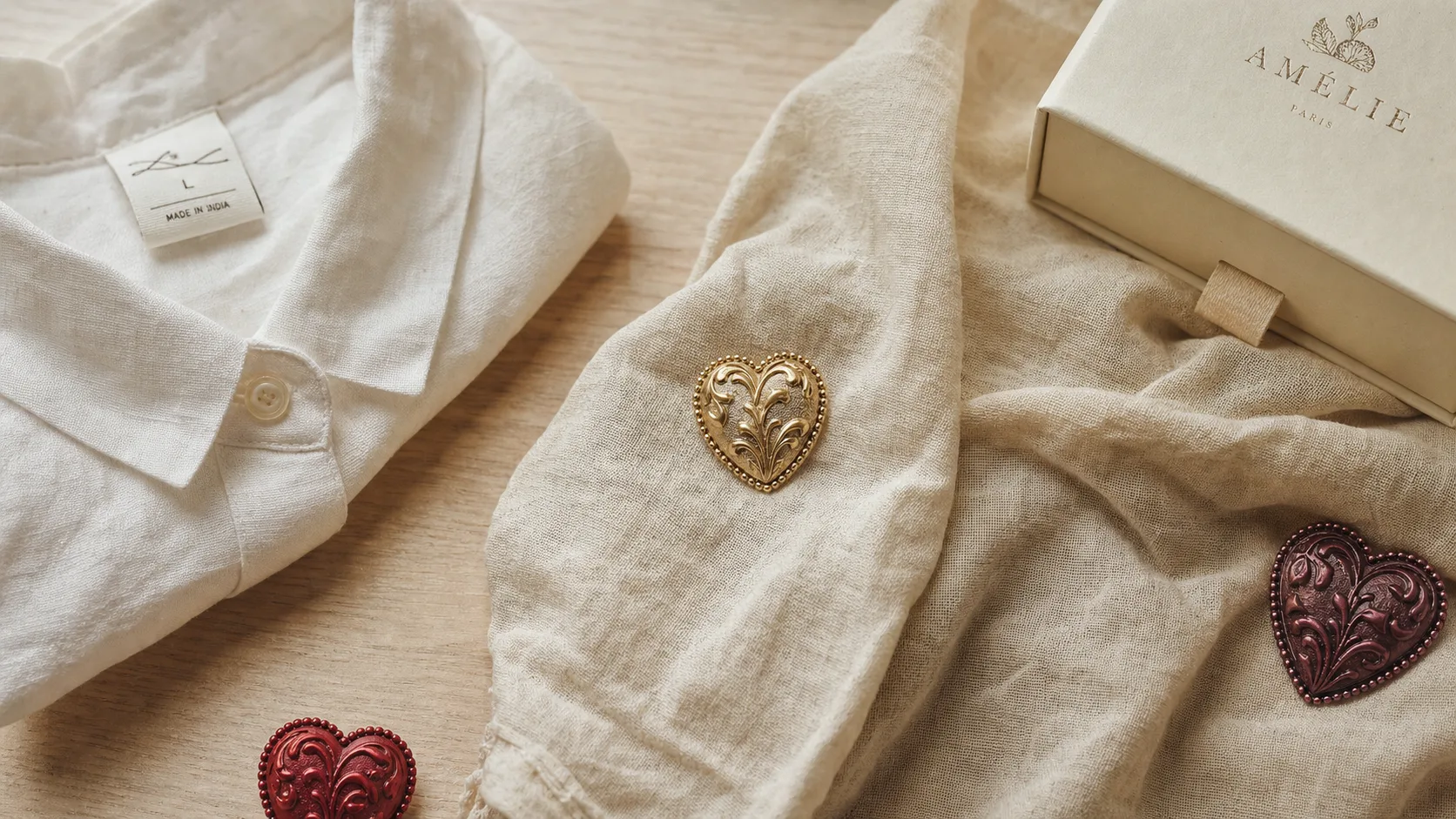 Broche coeur dorée sur tissu écru