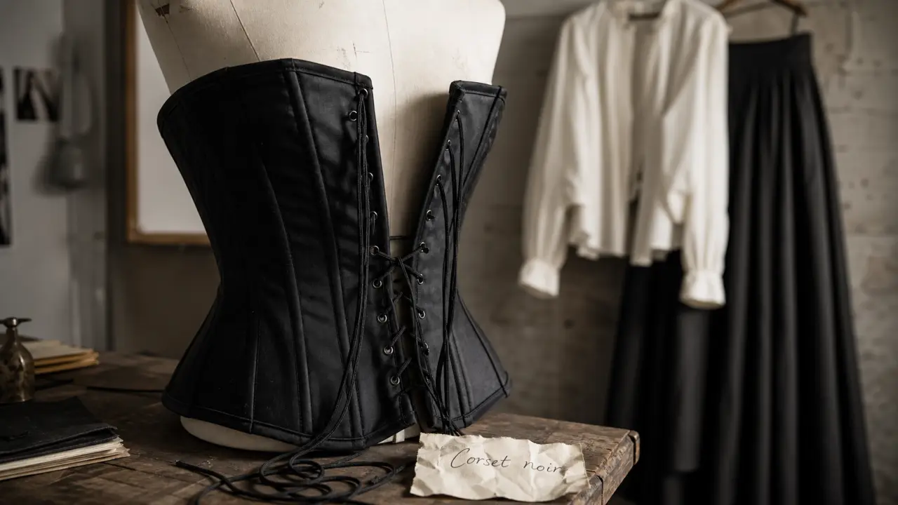 Corset femme noir structuré sur mannequin blanc en studio