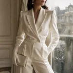 Costume femme mariage : tailleur pantalon ivoire chic, veste croisée et pantalon satiné