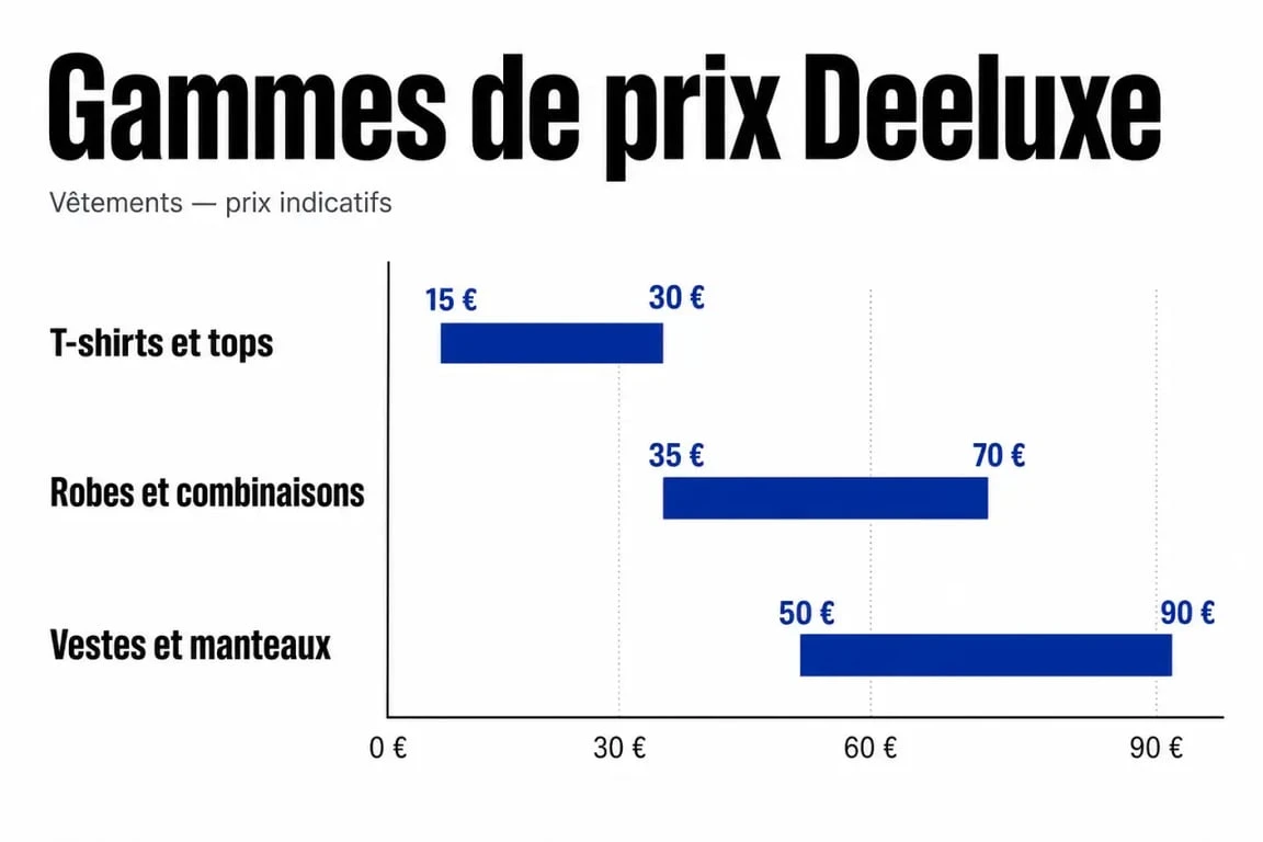 Infographie comparative des prix des vêtements de la marque Deeluxe par catégorie pour aider au choix.