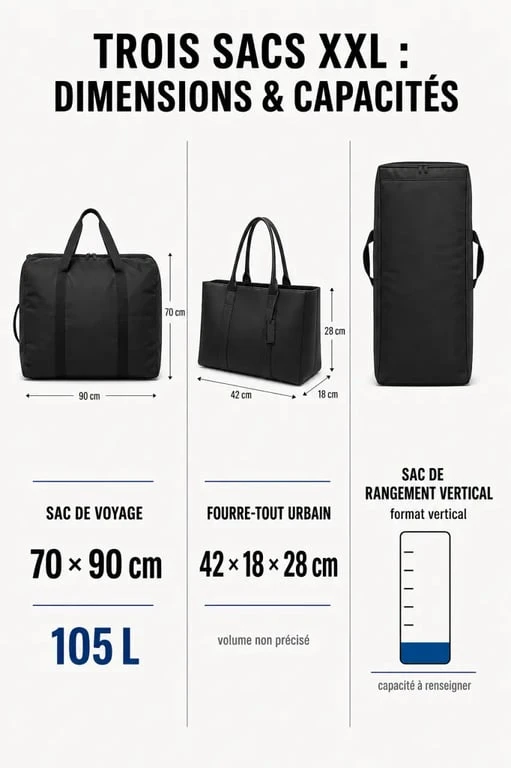 Comparatif visuel des dimensions et capacités des différents types de sacs XXL pour choisir le modèle adapté à vos besoins.