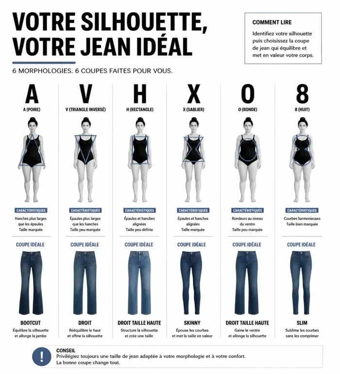 Infographie montrant quel jean choisir selon sa morphologie pour une silhouette équilibrée