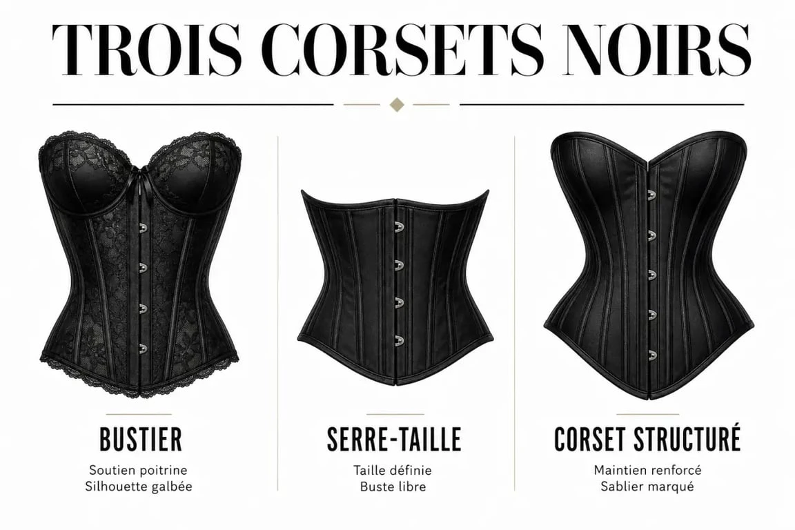 Comparatif visuel des types de corsets femme noir : bustier, serre-taille et corset structuré pour choisir le modèle idéal.