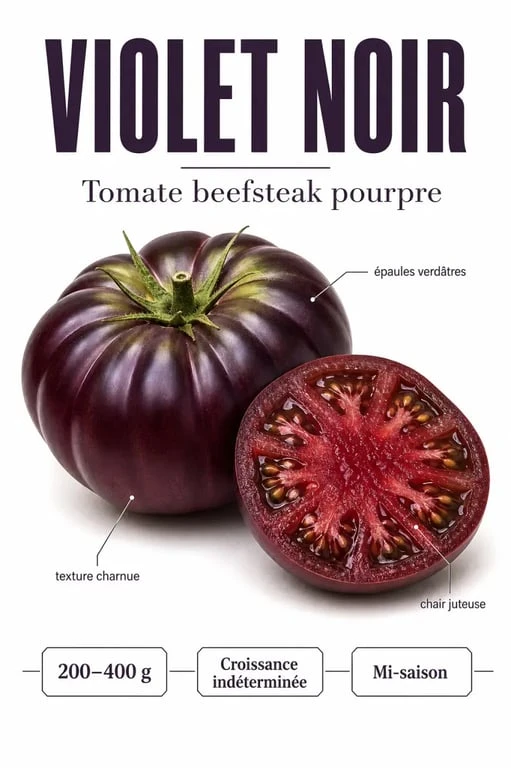 Violet noir : fiche visuelle d’une tomate pourpre aux épaules verdâtres et gros calibre