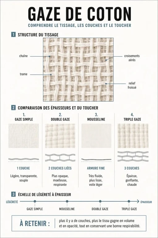 Infographie sur les tissus gaze de coton : différences entre gaze simple, double gaze, mousseline et triple gaze
