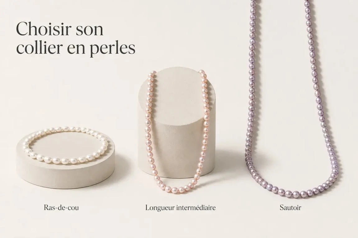 Collier perle eau douce présenté en plusieurs longueurs et teintes pour comparer le rendu porté