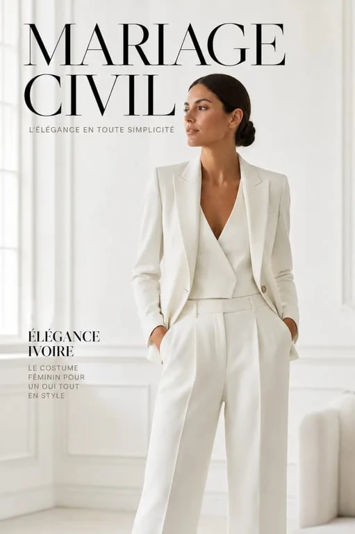 Costume femme mariage blanc ivoire porté dans une cérémonie civile élégante