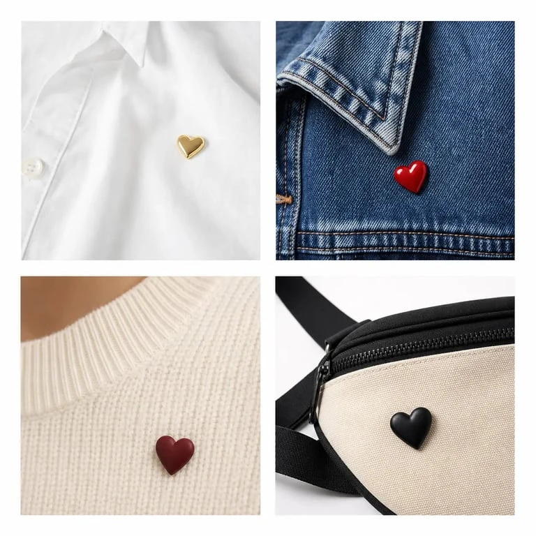 Broche coeur portée sur chemise, veste, pull et accessoire dans plusieurs couleurs et styles