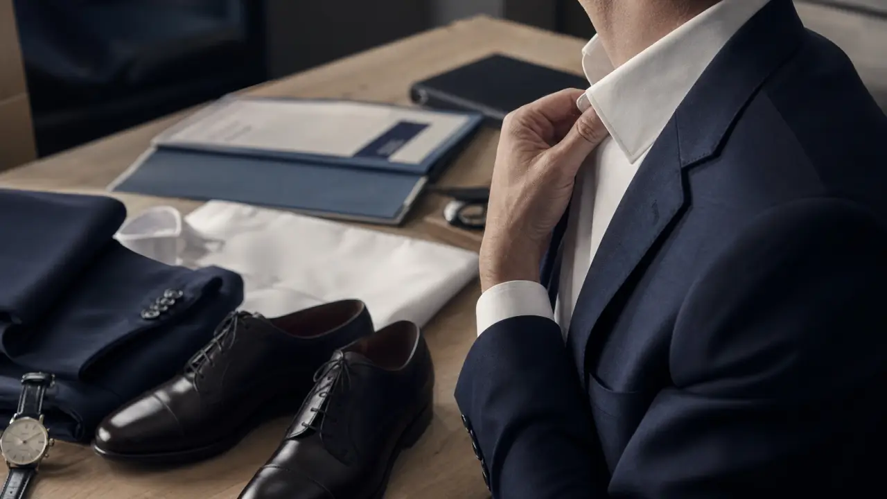 Entretien tenue : costume sobre, chaussures et montre, entretien