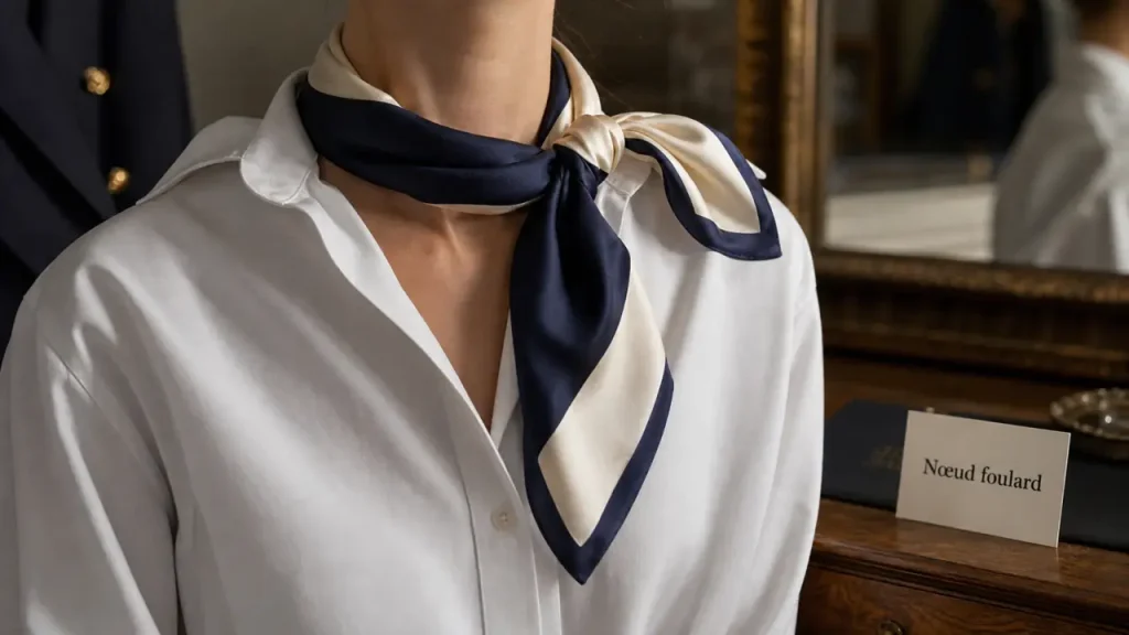Foulard autour du cou : le format 90 x 90 cm, les nœuds simples et les erreurs à éviter