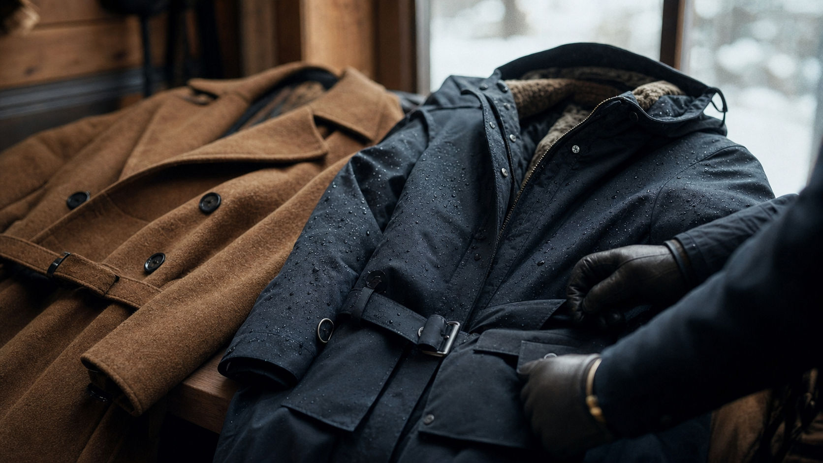 Les manteaux : caban en laine, parka imperméable et doudoune, vue penderie