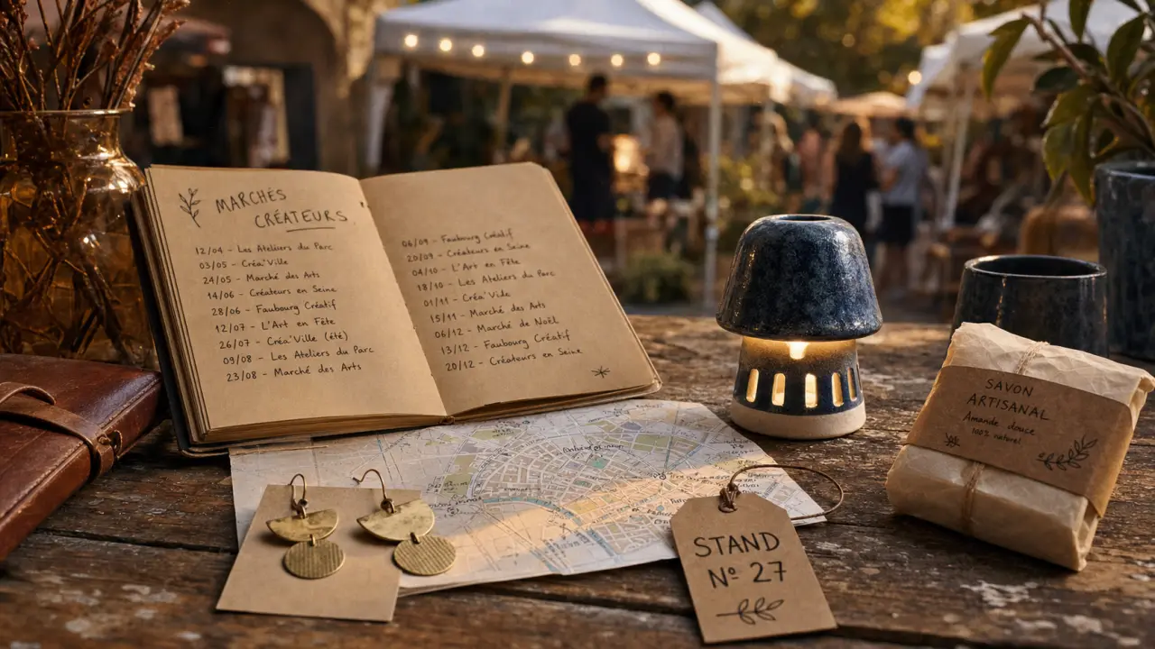 Marchés créateurs : carnet de dates et objets faits-main sur table bois