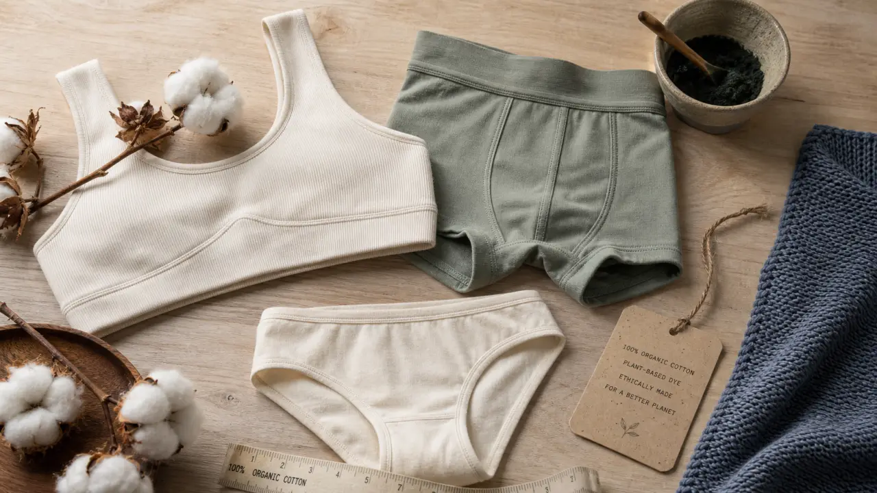 Peau ethique : coton biologique confortable, sous-vêtements sur table bois