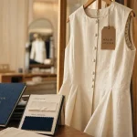 Robe de créateur en soie ivoire dans un showroom minimaliste