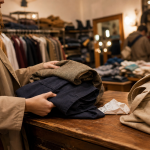 Vetement Toulouse : cliente chine une veste et un pantalon vintage en boutique