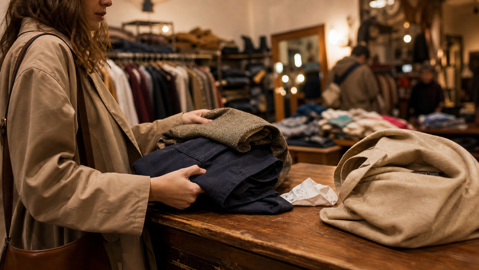 Vetement Toulouse : cliente chine une veste et un pantalon vintage en boutique
