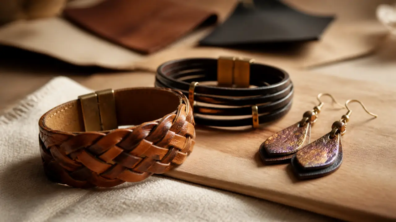 Bijoux cuir femme : bracelet et boucles d’oreilles en cuir