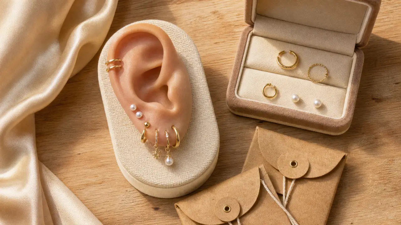 Bijoux d'oreille femme : puces, créoles fines et earcuff sur oreille stylisée