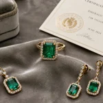Bijoux émeraude femme : bague sertie d’émeraude, collier et boucles en or