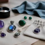 Bijoux en pierre naturelle : améthyste, labradorite, malachite sur un établi