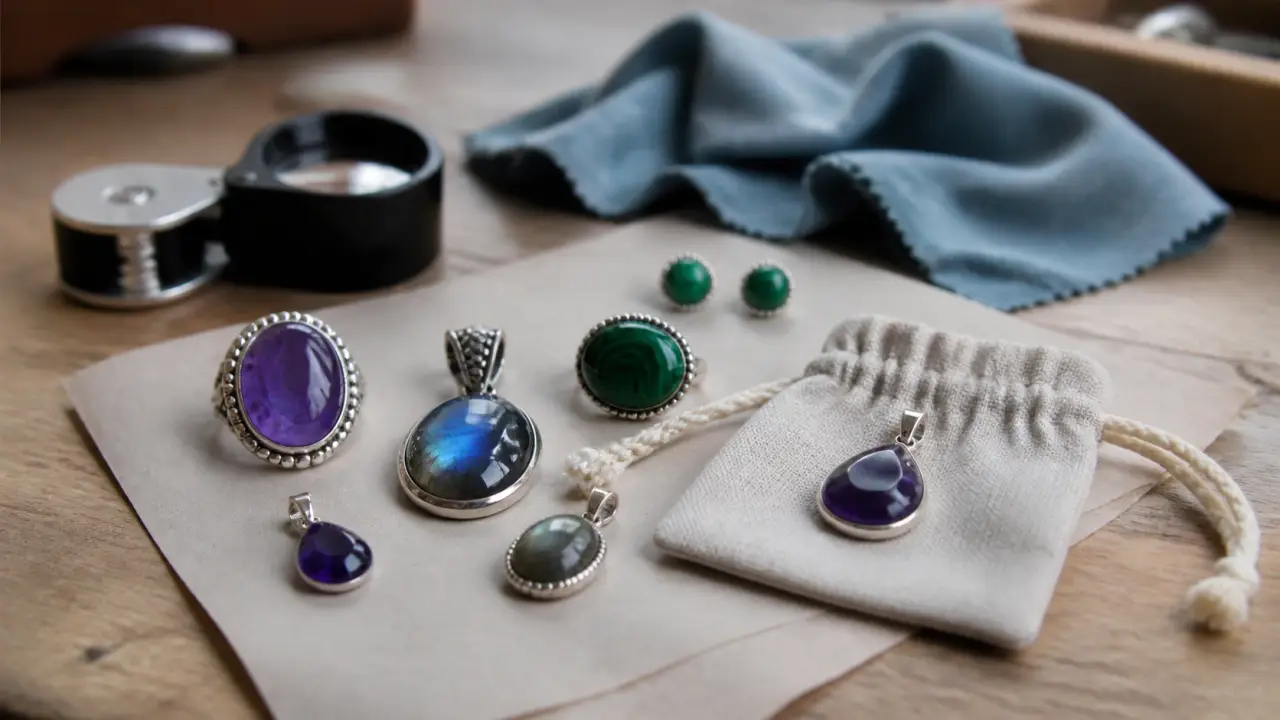 Bijoux en pierre naturelle : améthyste, labradorite, malachite sur un établi