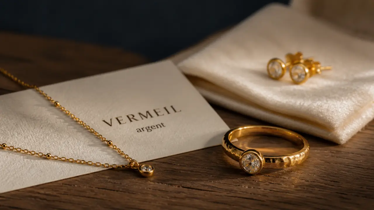 Bijoux en vermeil pour femme : bague et collier vermeil sur table