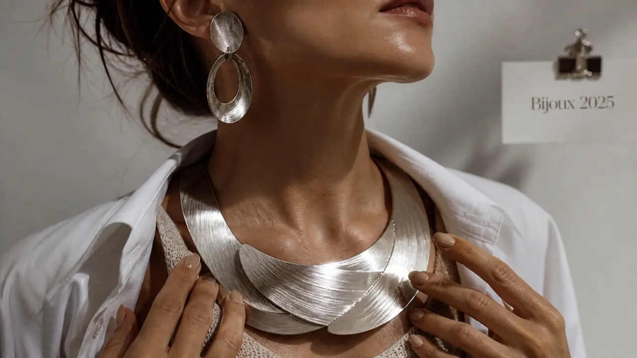 Bijoux tendance 2025 : collier oversize argent et boucles XXL