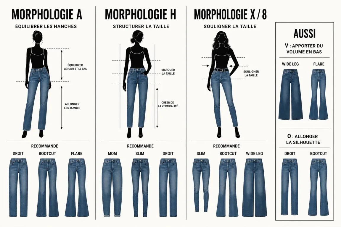 Jean morphologie femme : comparatif visuel des coupes de jean selon les silhouettes A, H, V, O, X et 8