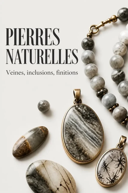 Bijoux en pierre naturelle en gros plan montrant les textures, reflets et finitions