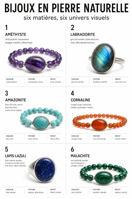 Bijoux en pierre naturelle : comparaison visuelle des principales pierres et de leurs couleurs