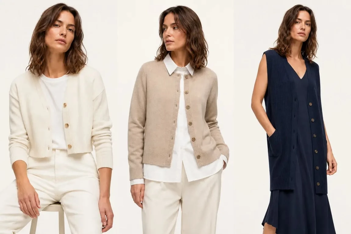 Gilet coton bio femme en composition éditoriale montrant cardigan court, cardigan classique et gilet long