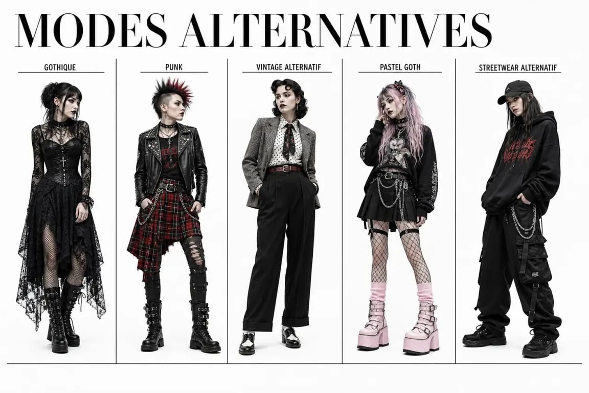 Comparatif visuel de la mode alternative avec styles gothique, punk, vintage alternatif, pastel goth et streetwear alternatif