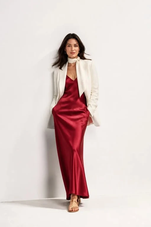 Style vestimentaire 2026 : tenue féminine avec blazer léger, robe satinée et accessoires tendance