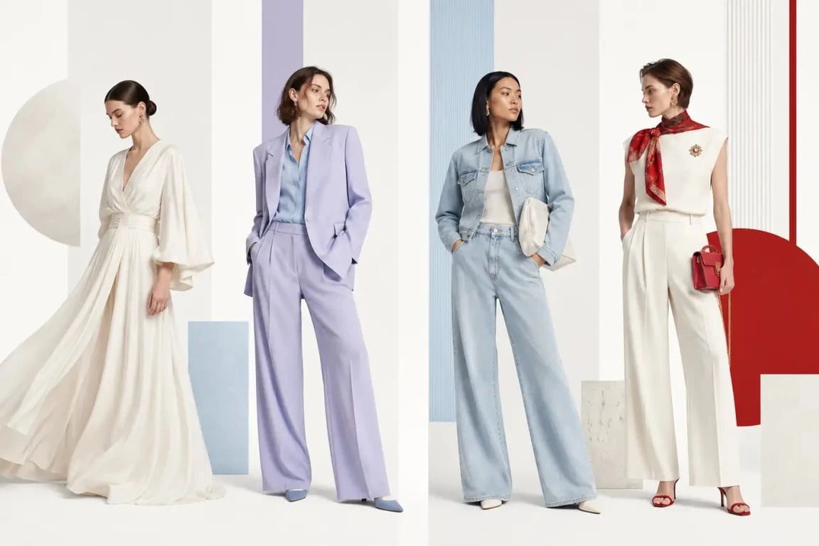 Style vestimentaire 2026 : silhouettes mode, couleurs visibles et pièces fluides dans une composition éditoriale de magazine