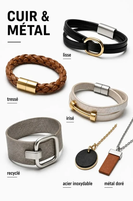 Échantillons de bijoux cuir femme avec différentes finitions et matières