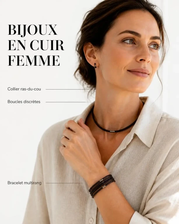 Bijoux cuir femme portés par une femme dans un style éditorial élégant