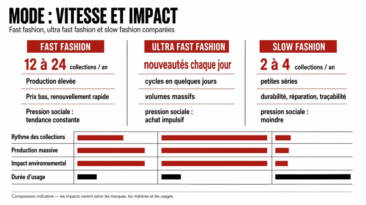 Fast fashion def : visuel comparatif de la fast fashion, de l’ultra fast fashion et de la slow fashion avec chiffres clés et impacts