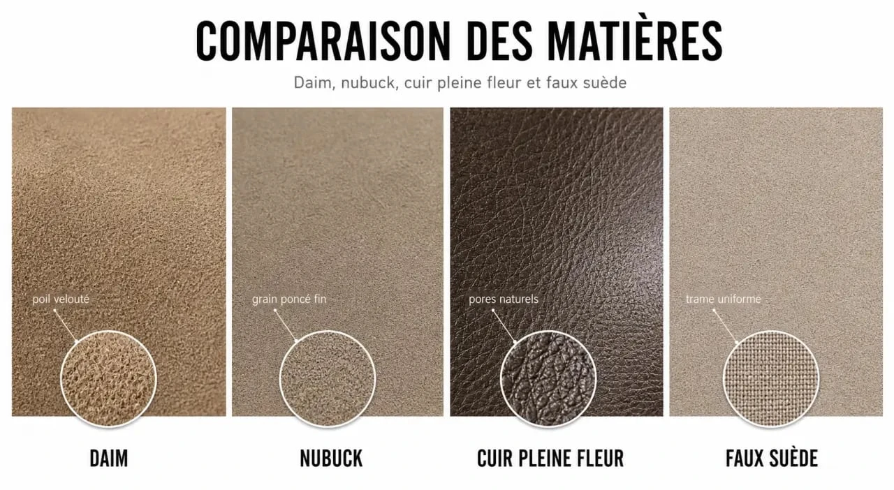Comparaison de la matière daim, du nubuck, du cuir pleine fleur et du faux suède