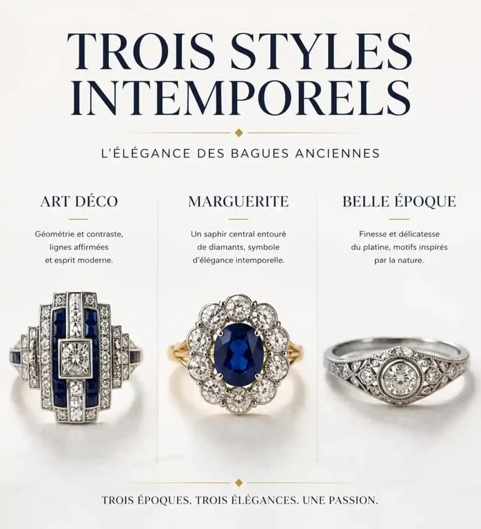 Styles de bagues seconde main à Paris : Art Déco, Marguerite et Belle Époque
