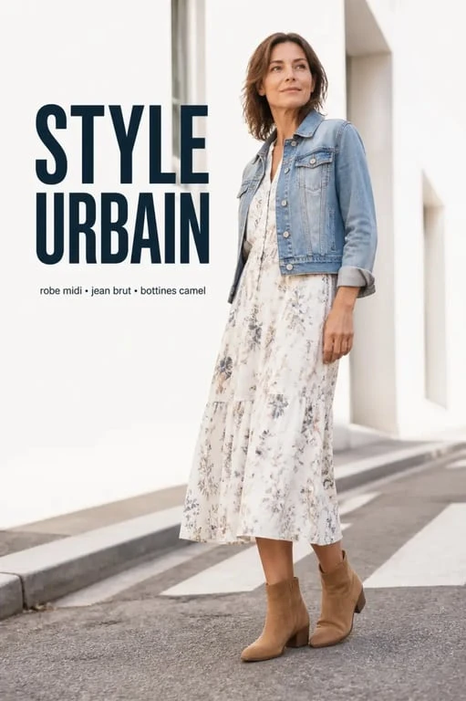 style bohème chic à 50 ans : robe midi fluide et veste courte en jean brut