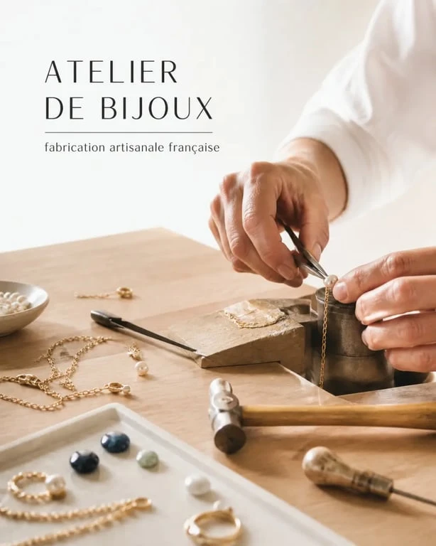 Créateur de bijoux artisanaux français dans un atelier avec mains d’artisan, pierres fines et chaînes dorées