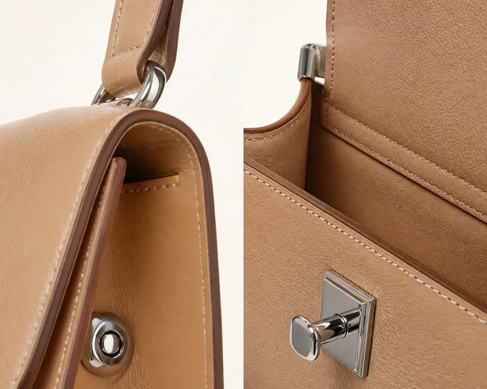 Sac à main artisanal fabrication française en gros plan avec coutures, tranches et matières visibles