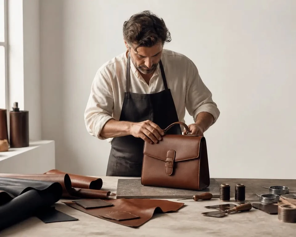 Sac à main artisanal fabrication française dans un atelier de maroquinerie, avec finitions et outils visibles