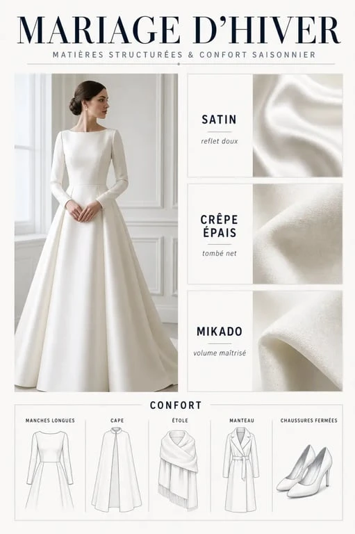 mariage hiver robe : guide visuel des matières, manches et accessoires pour rester élégante au chaud