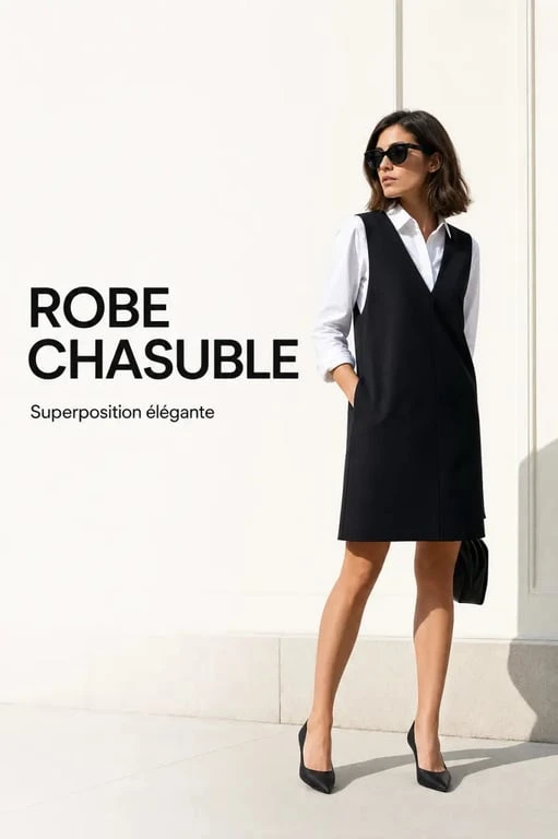 Robe chasuble femme portée avec une chemise blanche dans un style mode éditorial